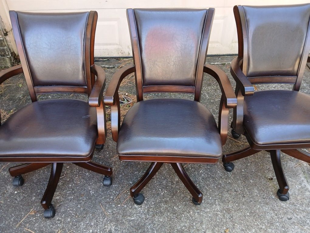 3 Beautiful Leather and Wood Chairs on Casters