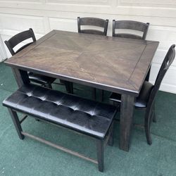 6-PC SOLID WOOD HIGH TOP DINING SET (TABLE WITH LEAF, LARGE PADDED BENCH AND 4 PADDED CHAIRS)