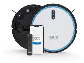 robot aspirador Black+Decker RoboSeries con acabado plateado y celeste