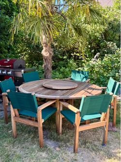 Large 64” Teak Table + 6 Chairs
