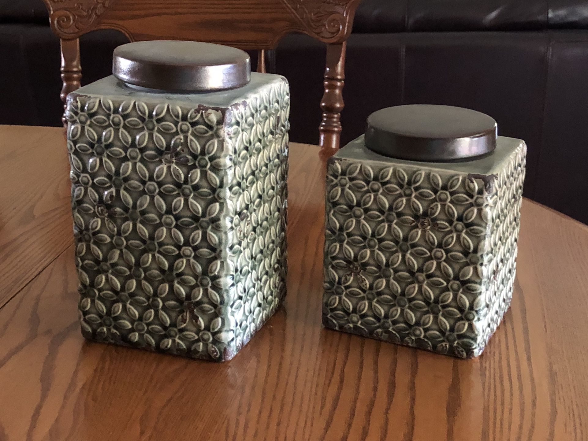 2 Decorative Glass Canisters, 9.25” X 5.25” X 5.25” and 7” X 5.25” X 5.25”  Original Prices: $9.99 & $7.99