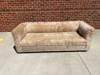 Vintage Channel-Tufted Faux Fur upholstered Low Profile Shearling-Like Beige Sofa Living Room