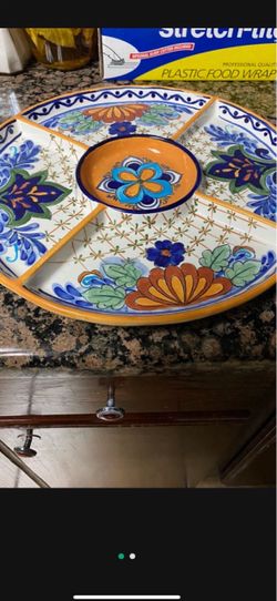Talavera Ceramic Divided Serving Platter with Dip Bowl