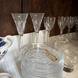 Vintage Crystal Stemware & Etched Glass Serving Set