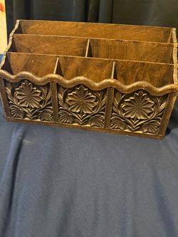 Vintage LERNER Carved Faux Wood Letter Holder Mail Organizer Caddy Desk Tiki