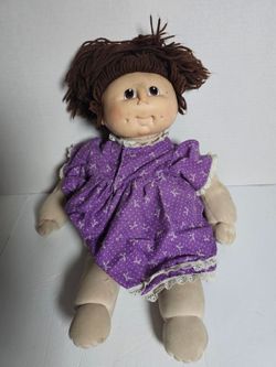 Brown Yarn Hair Cloth Doll Purple Patterned Dress Approx 16 Inch