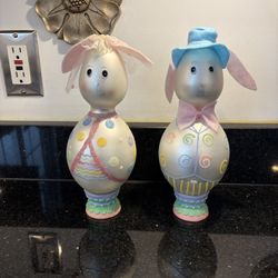 2 Rare Vintage Easter Bunny Glass Figurines 10” Decorations 