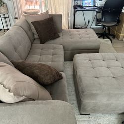 Neutral tufted Sectional Sofa With Chase And Ottoman 