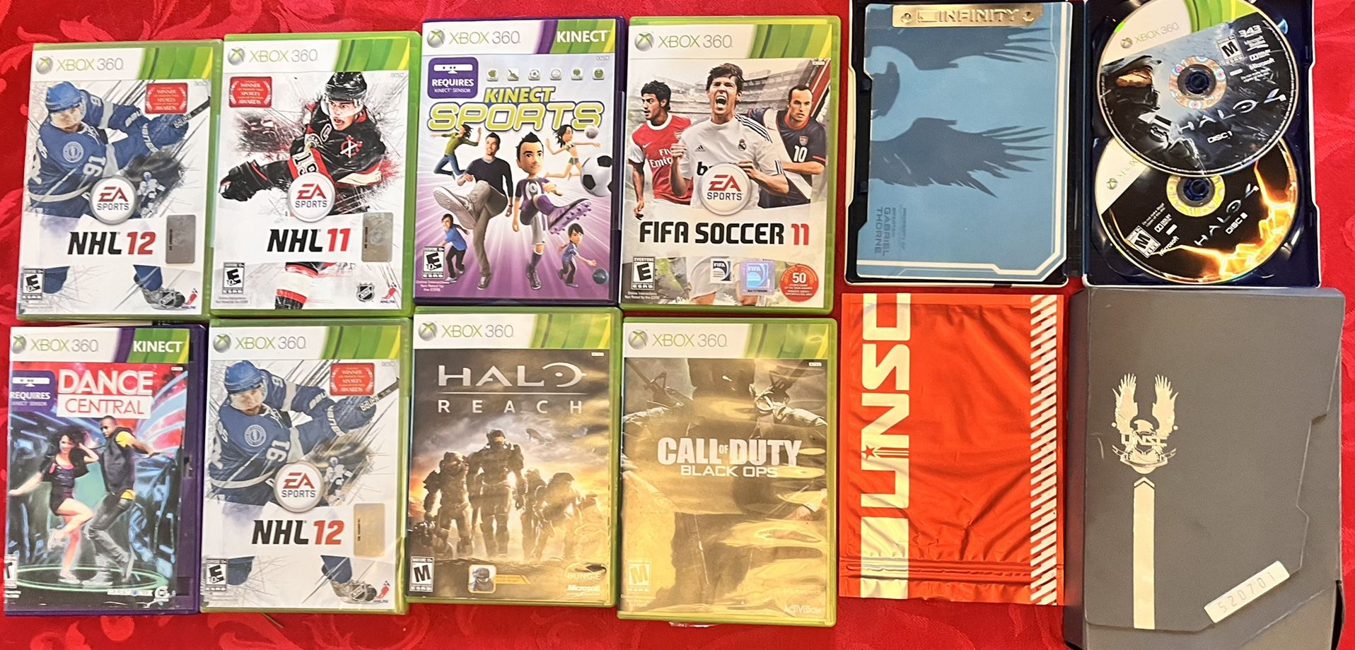 9 XBox 360 Games (2 for Kinex) Including Halo w/Diagram