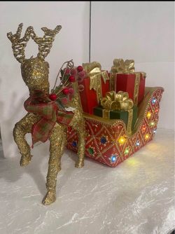 Vintage Celeste light collection Christmas Sleigh with Reindeer size 17”W by 14” Tall Reindeer size