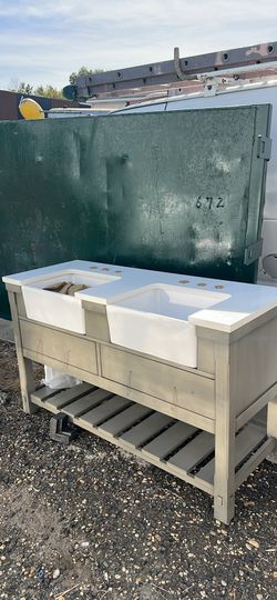 Double Farmhouse Vanity NEW - White Quartz Top + Apron Sinks - Gray