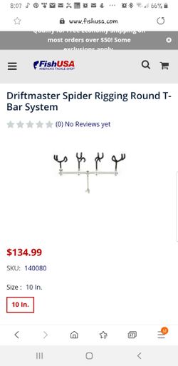 Details The Driftmaster Spider Rigging Round T-Bar System is equipped with four Li'l Pro Rod Holders and is designed for spider rigging.
