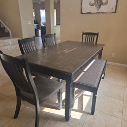 Farmhouse Dining Table Set – Table, 4 Chairs & Bench