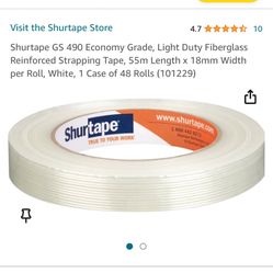 Shurtape GS 490 Economy Grade, Light Duty Fiberglass Reinforced Strapping Tape, 55m Length x 18mm Width per Roll, White, 1 Case of 48 Rolls