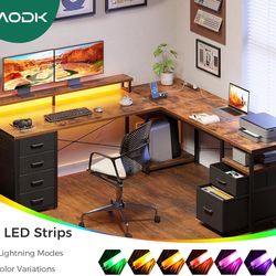 66" L Shaped Computer Desk, 113“ Reversible Home Office Desk with File Cabinet & 4 Fabric Drawers, Two Person Desk with LED Lights & Power Outlet, Cor