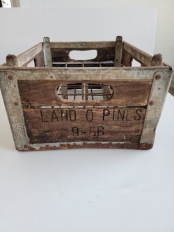 Vintage Wood & Steel Land O Pines 9-56 Creamery Bottle Crate 14.5 x 12 x 7"