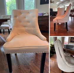 6 beige linen button-tufted dining chairs