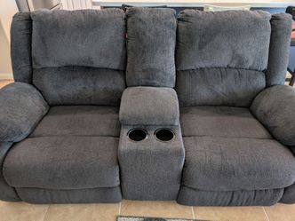 Gray Fabric Reclining Loveseat with Console