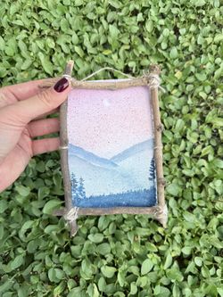 Mini Watercolor – Mountains in Rustic Twig Frame – $30