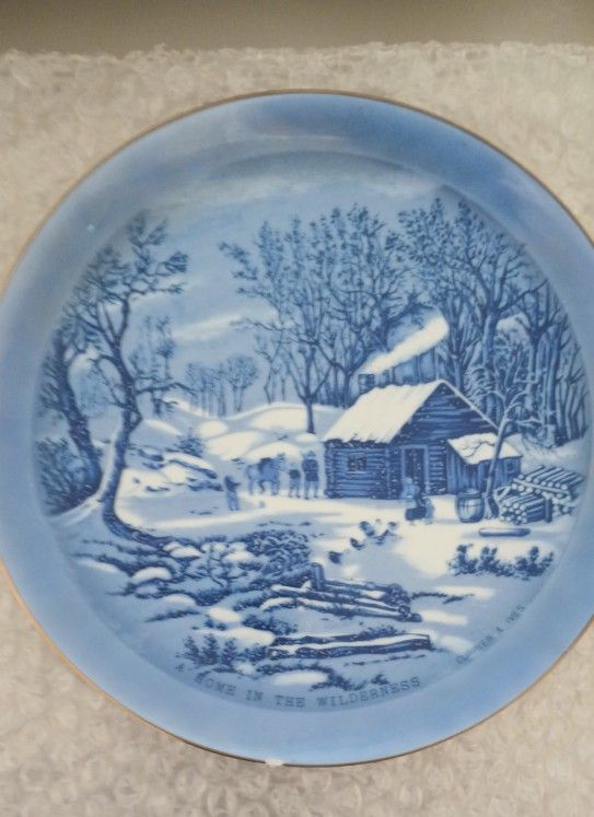 Vintage Blue White Plate Currier & Ives