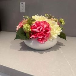Pink & Cream Floral Arrangement in White Bowl Vase
