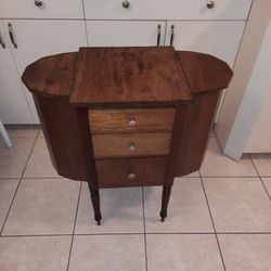 Vintage Mahogany Sewing Stand 3 Drawers, 2 Hinged Compartments.
