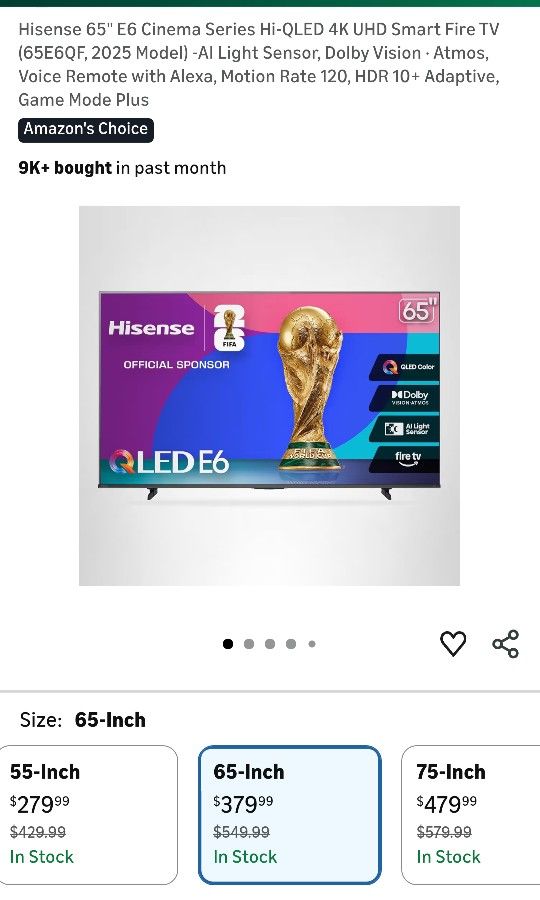 Hisense 65" E6 Cinema Series Hi-QLED 4K UHD Smart Fire TV (65E6QF, 2025 Model) -AI Light Sensor, Dolby Vision · Atmos, Voice Remote with Alexa, Motion