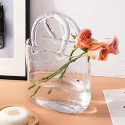 Fixwal Glass Purse Vase for Flowers, Clear Bag Vase with Handle and Bubbles, 7.7"x7.3" Handbag Shape Flower Vase, Unique Decorative Vases for Centerpi