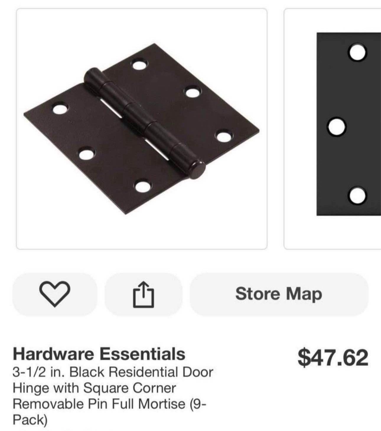 Hardware Essentials 3-1/2 in. Black Residential Door Hinge with Square Corner Removable Pin Full Mortise (9- Pack)