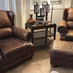 Thomasville Brown Leather Club Chairs And Ottoman