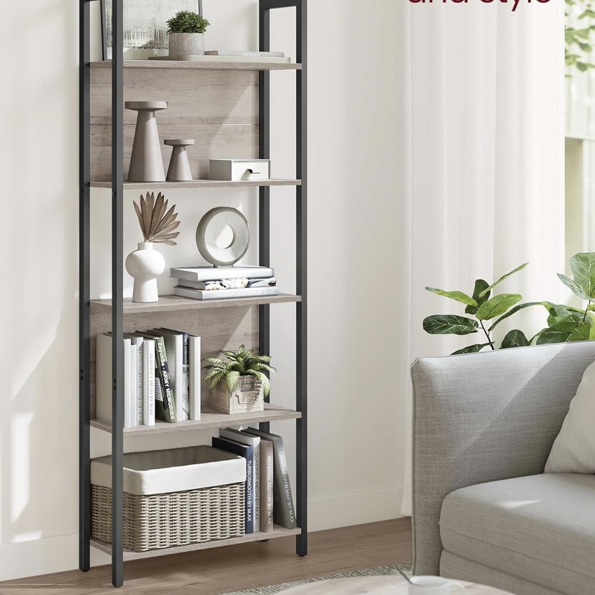 5-Tier Bookshelf, Book Shelf, Industrial Bookcase, with Steel Frame, for Living Room, Home Office, Bedroom