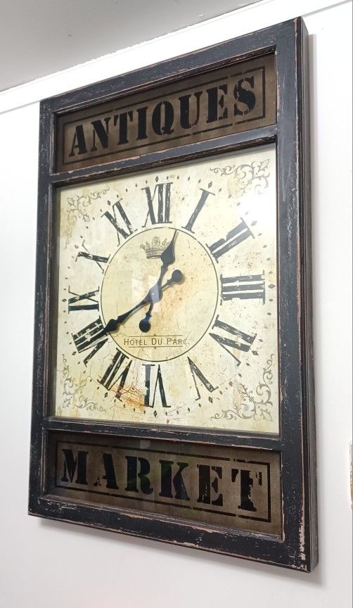 'Antiques Market' Distressed Rectangle Wall Clock 40×26×2.75 Inches