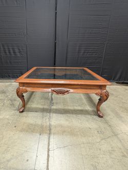 Traditional Carved Wood and Glass Top Coffee Table