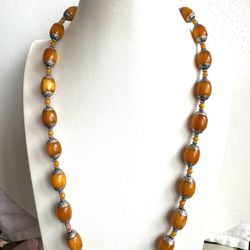 Stunning Vintage Amber resin with Tibetan silver cap handmade necklace on sale