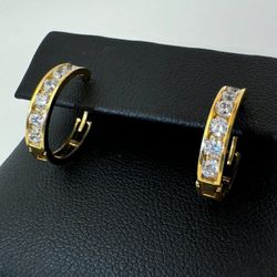 10k solid yellow gold 0.5CTW CZ stone hoop earrings