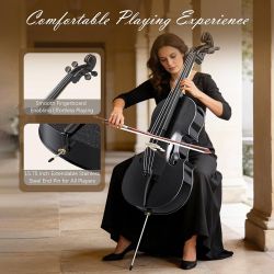 Cello 4/4 Kit, Full Size Cello for Adults, Students, Beginners, Complete Acoustic Cello Instrument Set with Portable Bag, Bow, Rosin, Black