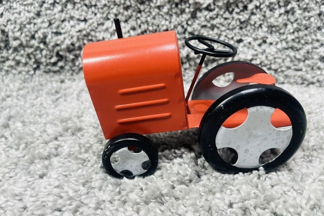 Harvest Tractor Orange Metal 6" x 3" Fall Indoor Home Décor Ornament Halloween