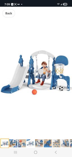 A 5-in-1 Kids Slide and Swing Set, Toddler Slide with Basketball Hoop, Swing, Outdoor Indoor Playground for Toddlers 1-3 (5 in 1- Blue)