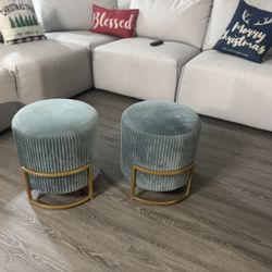Set of 2 Teal Velvet Ottomans w/ Gold Base