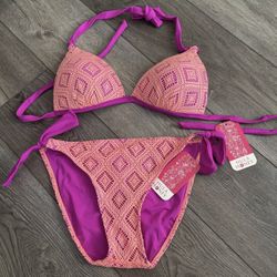 Bikini Set -Hula Honey Orange/Fuchsia Crochet Lace LARGE  Adjustable Bikini Swim Top/Bottom