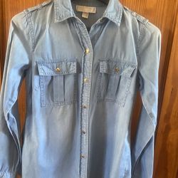 Michael Kors XS Lightweight Denim Blouse Flap Pockets Roll Up Sleeves 