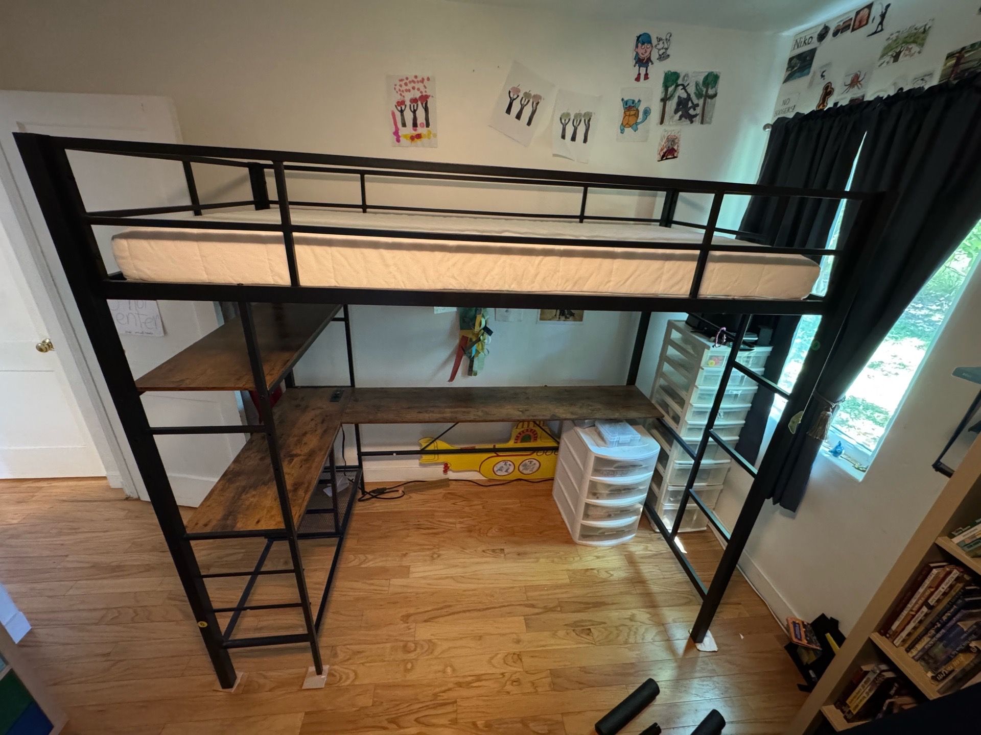 Twin Loft Bed w/ L-Shaped Desk, USB Charging & Storage
