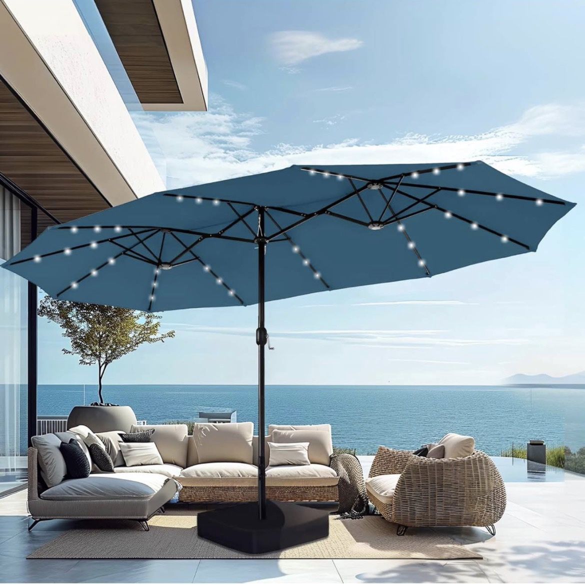 15FT Patio Umbrella with Solar Lights Double-Sided Large Umbrella Outdoor Market Rectangle Umbrellas