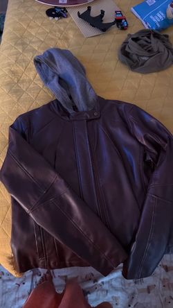 Brown Leather Jacket with Gray Hood