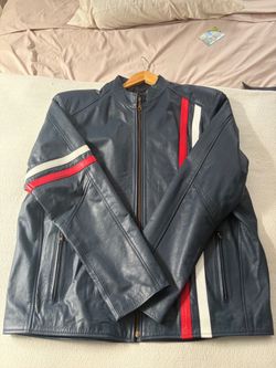 AntÃlope Argentina Genuine Leather Jacket Navy Blue Red White Racing Stripes Café Racer