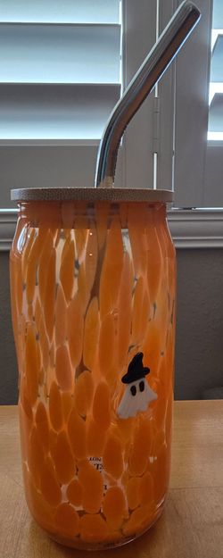 Halloween glass cup with stainless steal straw