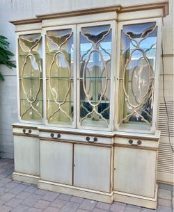 Gorgeous High End Vintage Karges Bubble Glass Lighted Breakfront Two Piece China Cabinet