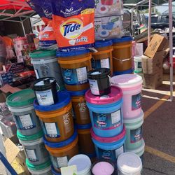 buckets of laundry detergent and softener  