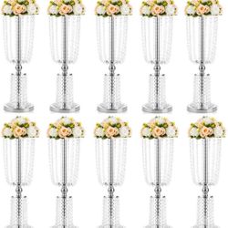 10 Pcs 23.75 inches Tall Crystal Metal Vase Flower Stand Holders Wedding Centerpiece Chandelier for Reception Tables Wedding Supplies