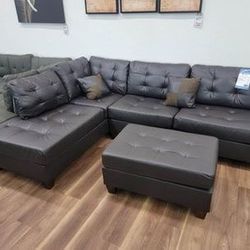 New Brown Faux Leather Sectional And Ottoman Sofa Couch 